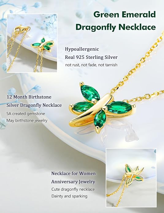 925 Sterling Silver Birthstone Necklaces for Women, Dainty Cute Dragonfly/Butterfly Pendant Necklace, Great Christmas/Anniversary Jewelry for Mother