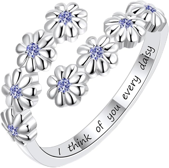 Dainty Daisy Ring for Women, S925 Sterling Silver Cubic Zirconia Sunflower Flower Ring For Daughter, I Think Of You Every Daisy Ring, Birthstone Flower Ring
