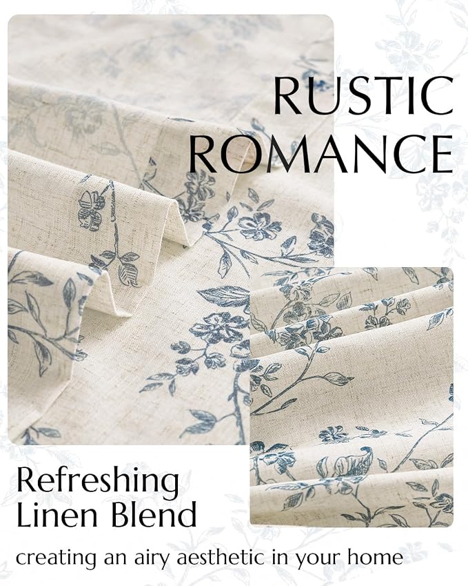 jinchan Blue Floral Linen Curtains 90 Inch French Country Back Tab 2 Panels | Flower patterned drapes, farmhouse, printed, light filtering, bedroom, living room, kitchen, window treatment, rod pocket