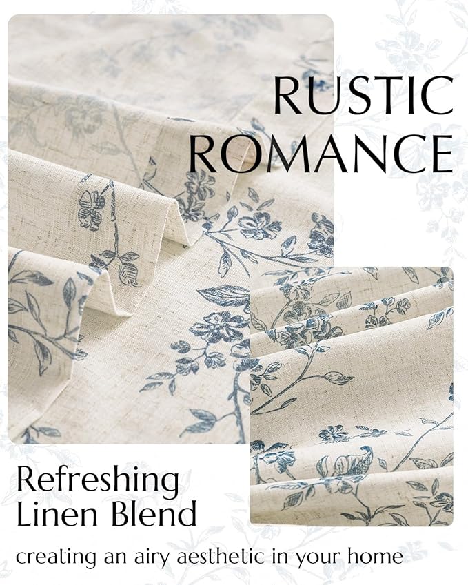 jinchan Blue Floral Linen Curtains 96 Inch French Country Back Tab 2 Panels | Flower patterned drapes, farmhouse, printed, light filtering, bedroom, living room, kitchen, window treatment, rod pocket