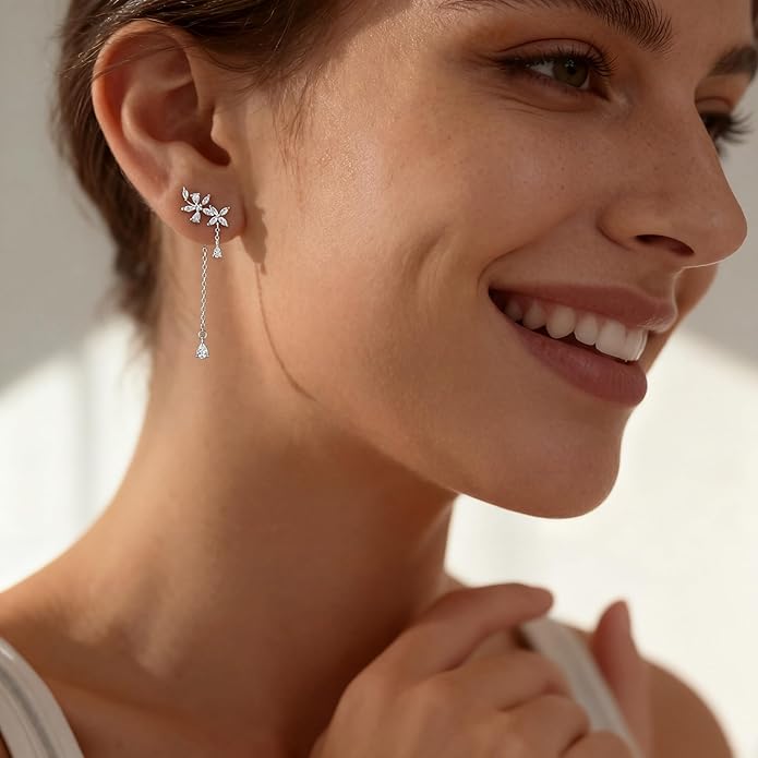 SLUYNZ 925 Sterling Silver Dainty CZ Flowers Wrap Earrings Dangle Chain for Women Elegant Dangling Earrings Bridal Earrings Wedding Engagement Drop Earrings Prom Engagement Party Jewelry
