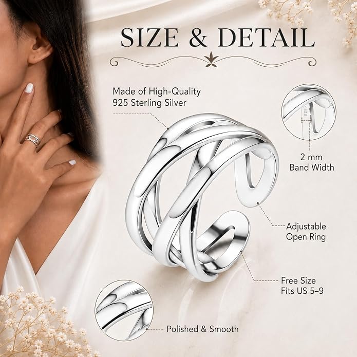 ZELORES Adjustable 925 Sterling Silver Celtic Knot Rings Open Knuckle Rings for Women Thumb Finger Rings Minimalist Cross Line Band Rings