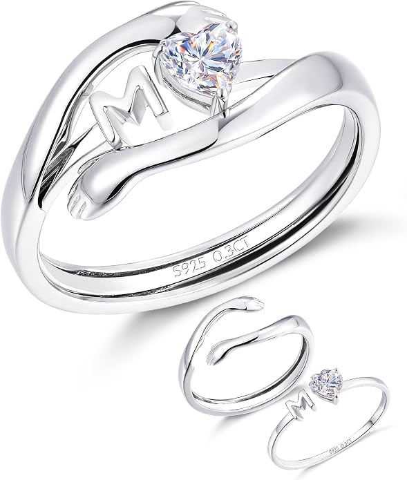 2-in-1 Hug Letter Ring for Women Sterling Silver Moissanite Heart Ring with Personalized Initial with “Always With You” Message Gift for Mom Daughter Granddaughter Girlfriend