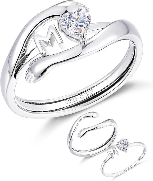 2-in-1 Hug Letter Ring for Women Sterling Silver Moissanite Heart Ring with Personalized Initial with “Always With You” Message Gift for Mom Daughter Granddaughter Girlfriend