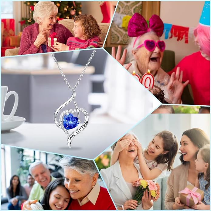 Nana Gifts Sterling Silver Heart Birthstone Necklaces, I Love You Nana Gifts for Mothers, Grandma