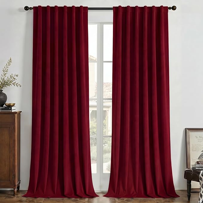 Joydeco 100% Blackout Velvet Curtains Red 96 Inch Back Tab | Luxury Thermal Insulated Velvet Curtains for Bedroom Living Room, Soundproof Blackout Window Drapes
