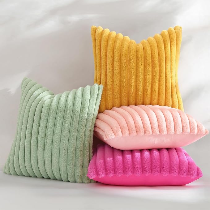 decorUhome Fall Faux Fur Throw Pillow Covers 18x18 Set of 2 Mustard Yellow | Decorative Soft Cozy Striped Plush Modern Farmhouse Boho Couch Pillow Cases Velvet Back for Sofa Bed Living Room Home Decor