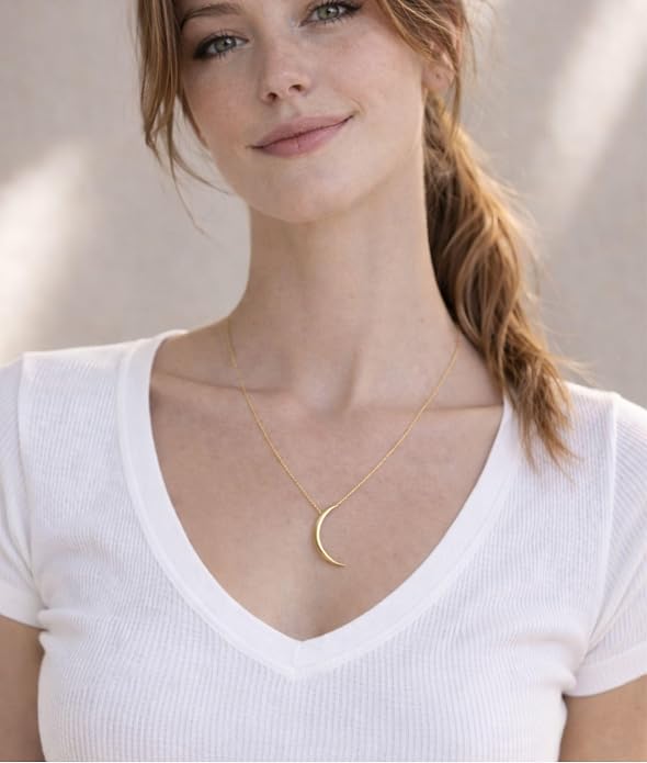 Sterling Silver Crescent Moon Necklace for Women - 925 Silver or 14k Gold Plated Silver, Half Moon Pendant Necklace for Women - 16-18 Inch Adjustable Chain