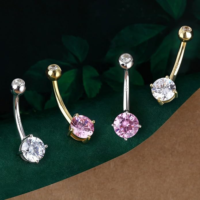 COCHARM 14K Gold Belly Button Rings for Women 14K Yellow Gold Belly Rings Round CZ Real Gold Belly Navel Piercing Jewelry