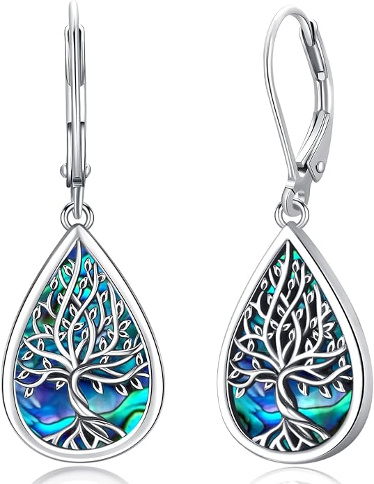 Odinstone 925 Sterling Silver Earrings Tree of Life Teardrop Moonstone Dangle Drop Leverback Earrings for Women