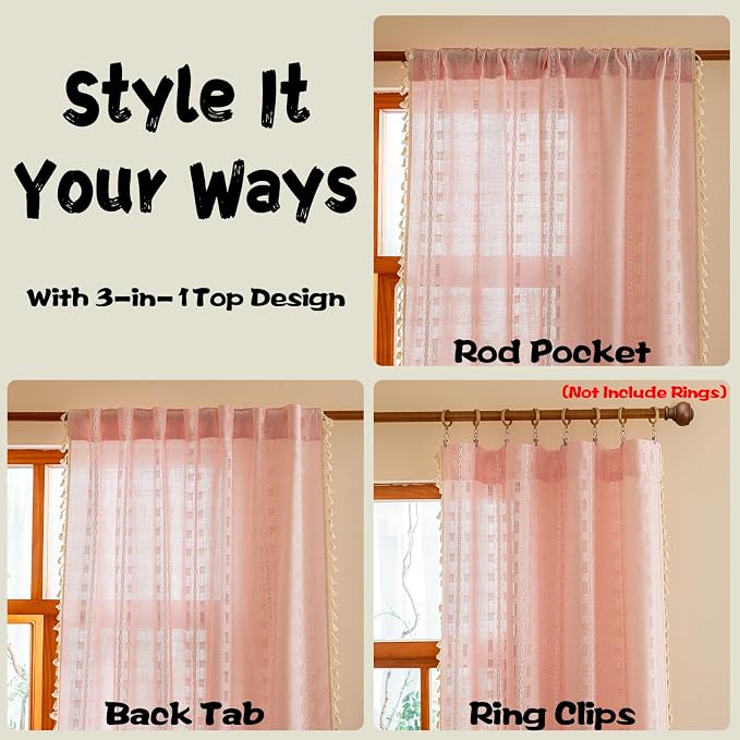 Pink Boho Semi Sheer Curtains 63 inch Length 2 Panel Set for Bedroom & Farmhouse, Bohemian Light Filtering Privacy Drapes Beige Tassels Shabby Chic Embroidery Window Curtains Back Tab & Rod pocket