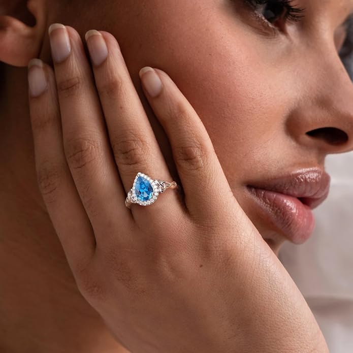 DAYBYDAY Celtic Birthstone Rings for Women 925 Sterling Silver Heart/Round/Pear/Oval Created Gemstone Moissanite Halo Engagement Promise Rings for Her Wife Birthday Anniversary Wedding Jewelry