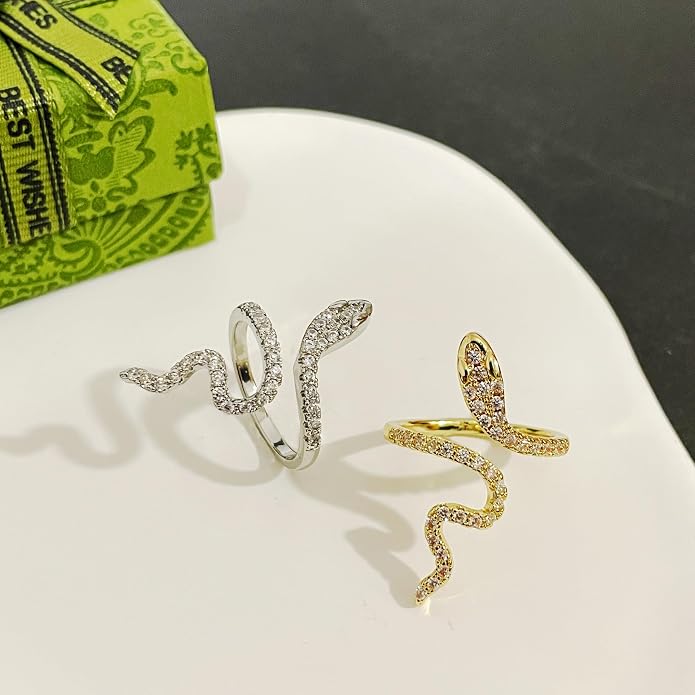 18K Gold Plated Rings for Women and Teen Girls Non Tarnish Cubic Zirconia Fidget Ring Butterfly/Snake/Mesh/Cross/Crown Knuckle Ring Open Adjustable Statement Stacking Chunky Rings
