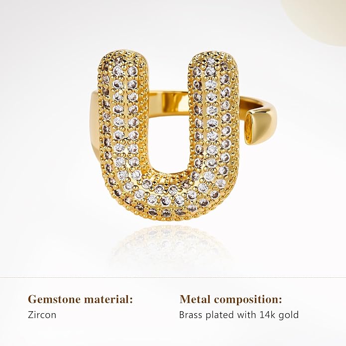 Cicy Bell Initial Rings for Women 14k Gold Plated Cubic Zirconia Delicate Letter Chunky Statement Open Rings Gifts for Her