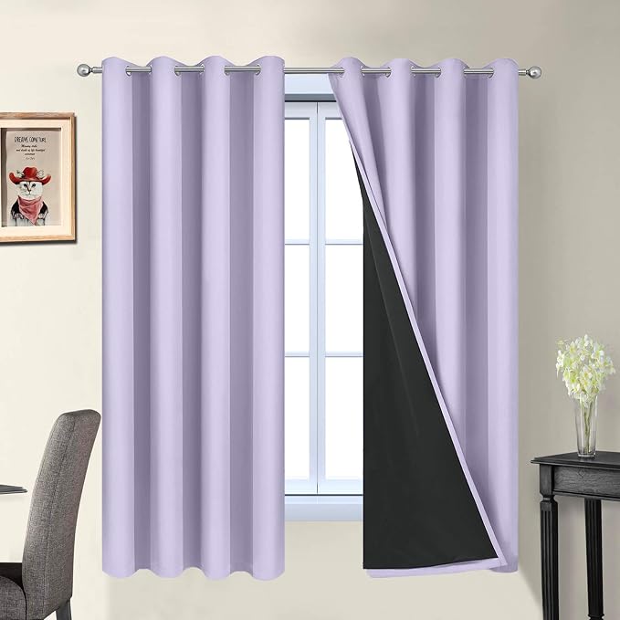 Yakamok Lilac 100% Blackout Curtains 63 Inches Long for Bedroom 52" Wide | Blackout Curtain Panels for Bedroom, 2 Thick Layers Grommet Top Thermal Insulated Drapes with Black Liner for Living Room