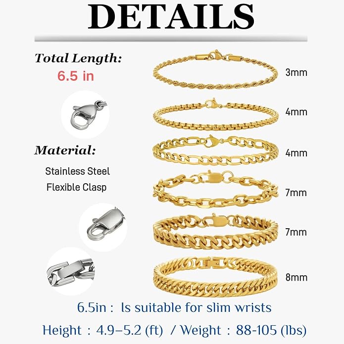 XIANNVXI 6pcs Bracelets for Men Gifts for Him Stainless Steel Bracelet Silver/Gold/Black Cuban Link Rope Paperclip Chain Bracelets Set 6.5/7/7.5/8.3/9 Inches Metal Bracelet Mens Fashion Accessories Jewelry Gifts Set