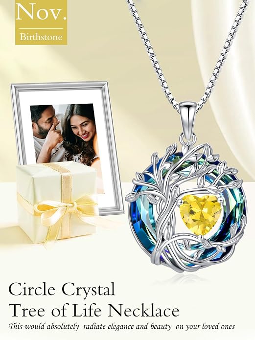 TOUPOP Tree of Life Birthstone Necklace Sterling Silver Pendant Birthstone Necklaces with Blue Crystal Anniversary Birthday Jewelry for Women Mom Wife Her