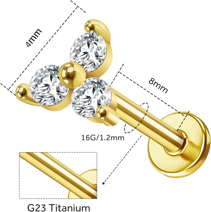 14K Yellow/White/Rose Gold Threadless Earring Top Push in 1 Pcs Triple Clear CZ Flat Back Nose Stud Threadless Cartilage Earring Helix Stud Tragus Piercing Jewelry for Women 6mm/8mm
