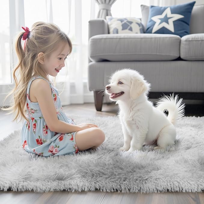 Rugs for Living Room 5x8, Alfombras para Salas Shag Large Plush Soft Area Rug, Shaggy Carpets for Bedroom,Boys Girls Home Decor Aesthetic(Light Grey Tie-Dyed, 5x8 Feet)