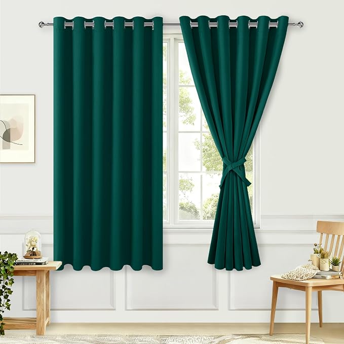 Hiasan Room Darkening Curtains for Bedroom, 70 x 63 Inches - Thermal Insulated & Energy Saving Window Drapes for Living Room/Dorm Room, Set of 2 Panels Sewn with Tiebacks, Hunter Green