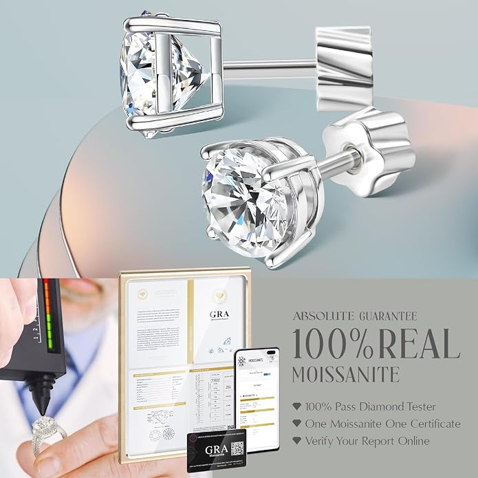 Moissanite Earrings, Hypoallergenic Flat Back Earrings for Women Men, Screw On Studs 925 Sterling Sliver Cartilage Earring for Sensitive Ears 4mm Short Post