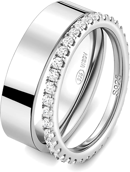 2 Pack Sterling Silver Eternity Ring & Gold Band for Women, 2mm CZ Stackable Wedding Engagement Promise Rings, Simple 5mm Plated Band, Size 5-10, Gift Jewelry Set