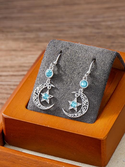 Seiyang Moon Star Birthstone Earrings 925 Sterling Silver Crescent Moon Star Dangle Drop Earrings with 12 Months Birthstone Vintage Jewelry Gifts for Women Mom Her