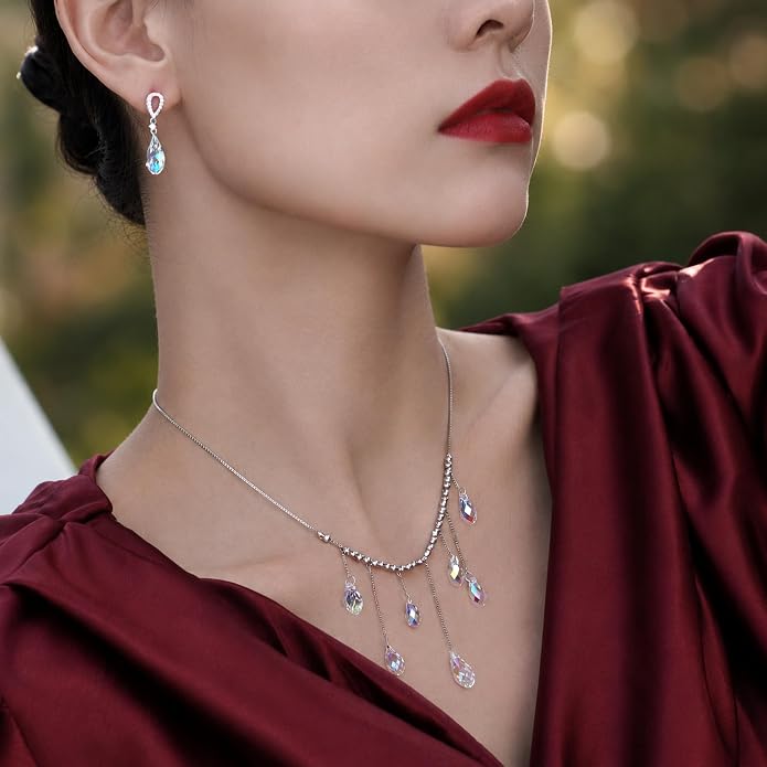925 Sterling Silver Handmade Crystals Rain Drop Tassel layered Pendant Boho necklace statement Chandelier shape Lobster Clasp Length Choker 18"+2" Ideal Gift for Women Ladies Dress accessories.