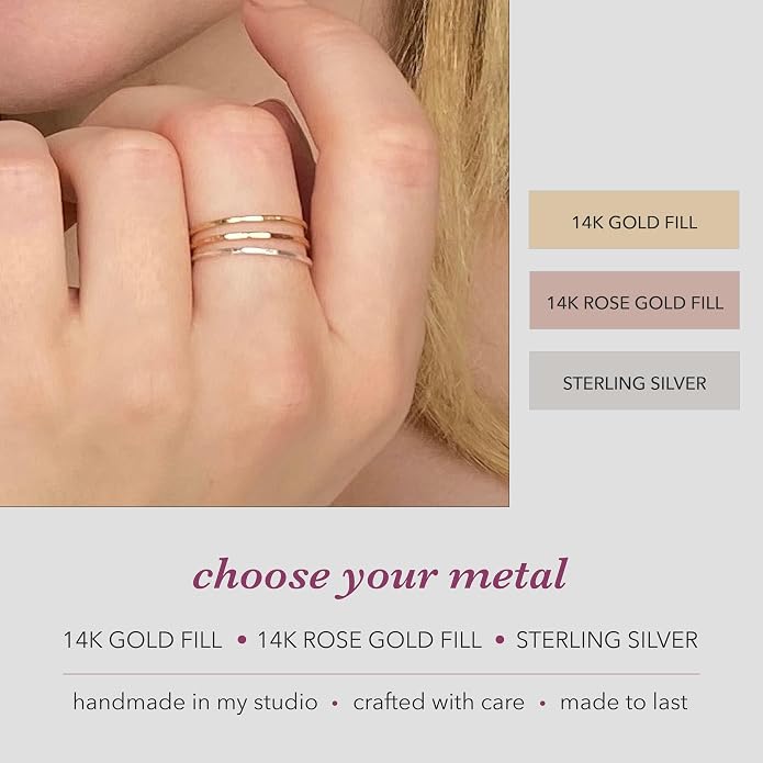 Hammered Stacking Ring for Women, Dainty 1.2mm Minimalist Band, Sterling Silver, 14k Gold Filled or Rose Gold Filled, Thin Stackable Ring, Everyday Jewelry Gift