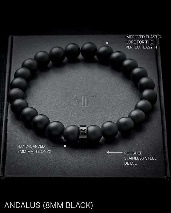 Forge & Foundry Men’s Matte Black Solid Onyx Beaded Bracelet | 10mm, 8mm, 6mm Bead Size Options | Signature Stainless Steel Engraved Bead | Andalus