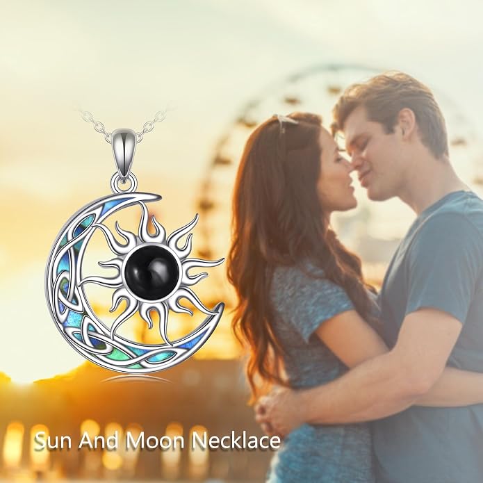Sun and Moon Necklace for Women 925 Sterling Silver Celtic Crescent Moon Pendant Blue Opal/White Opal/Abelone Shell/Labradorite/Moonstone Jewelry Gift for Teen Girls