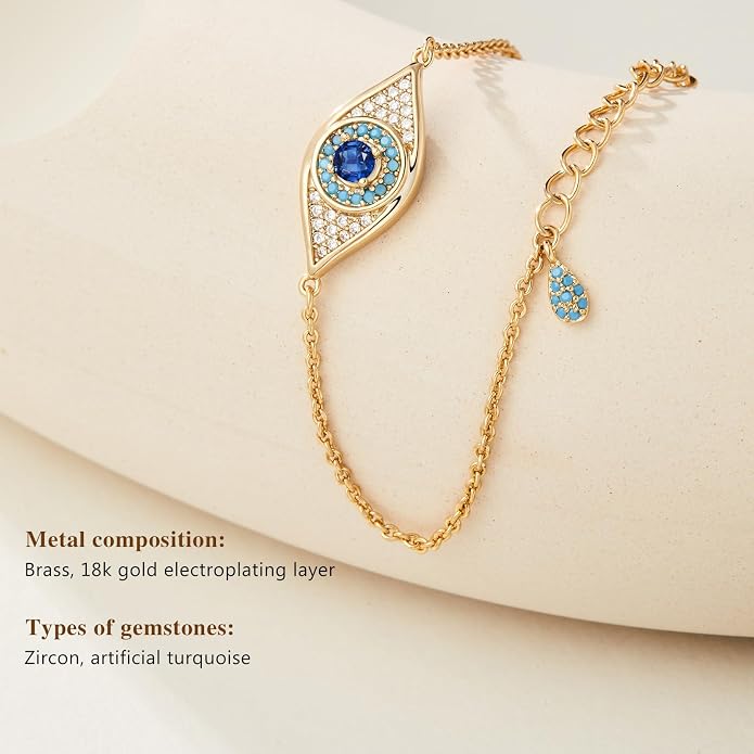 Cicy Bell Evil Eye Bracelets 18k Gold Plated Turquoise Zirconia Link Bracelets Trendy Jewelry Gift for Women Adjustable 5.9" with 1.9'' Extender