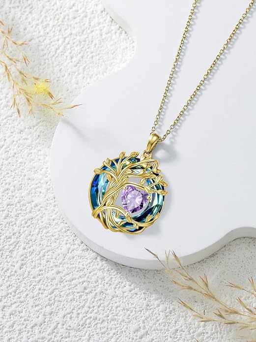 TOUPOP Tree of Life Birthstone Necklace Sterling Silver Pendant Birthstone Necklaces with Blue Crystal Anniversary Birthday Jewelry for Women Mom Wife Her