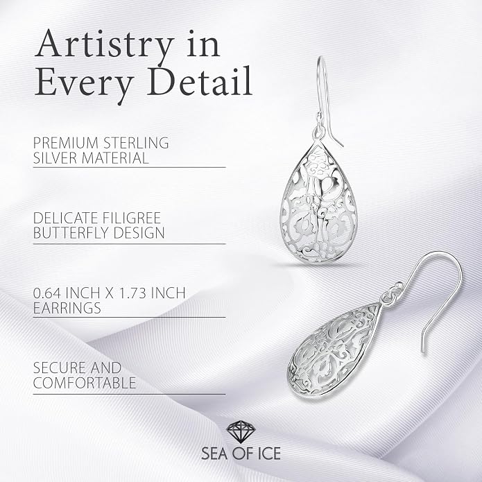 Sterling Silver Tear Drop Dangle Filigree Earrings for Women – boho and Chic Pear Shape Hook Earrings with Thin and Lightweight Hook