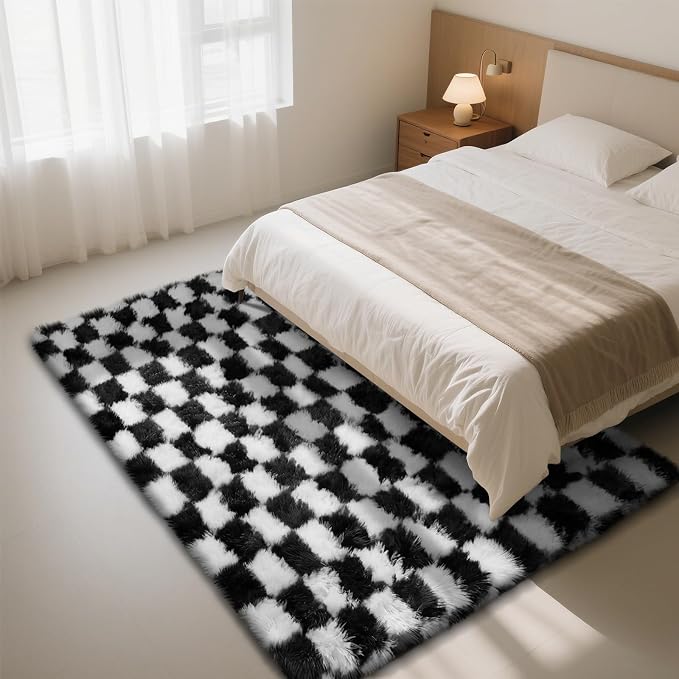 Checkered Rug for Living Room, 8x10 Black and White Area Rugs, Classic Checkered Carpets Shag Area Rug, Bedside Rugs for Living Room Bedroom Room Home Decor