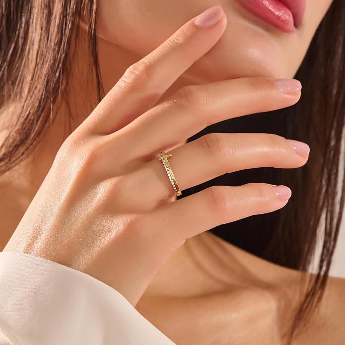 Gold Cross Statement Rings for Women 14K Gold Silver Tone Non Tarnish Cute Band High Polished Smooth Comfort Fit Size 5-10
