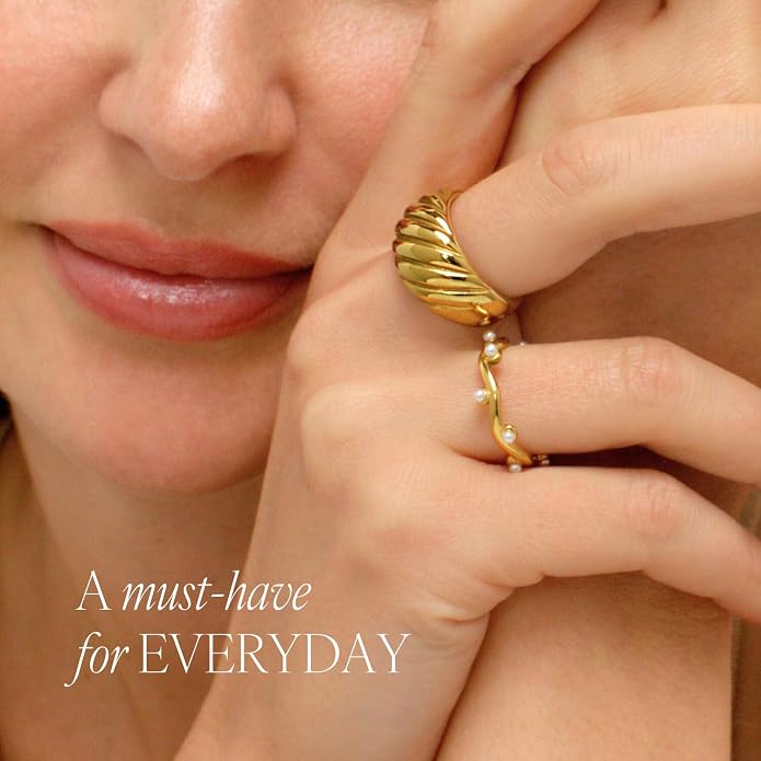 Chunky Statement Rings for Women, Wide Signet Dome Croissant Twist Band Non-Tarnish 18k Gold Plated Stainless Steel Size 5-11