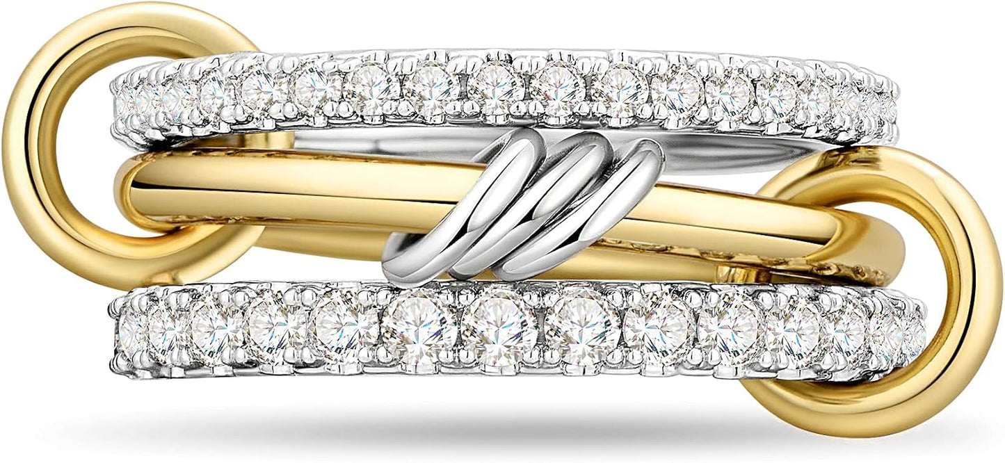 AllenCOCO 14K Gold Plated Stackable Rings, 3 Ring Set with CZ Cubic Zirconia, Gold & Silver Stacked, Interlocking Band for Women Statement