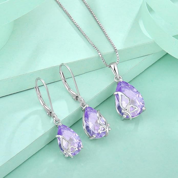 Teardrop Necklace 925 Sterling Silver Butterfly Pendant Necklace Birthstone Jewelry for Women