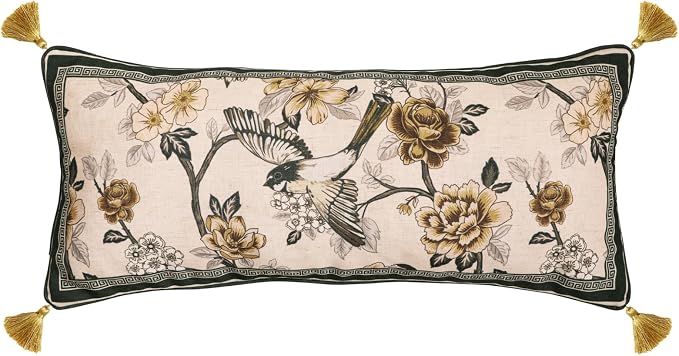 ISAENNE Vintage Elegant Linen Rectangle Throw Pillow Cover,28"x12"-Murad A | Designer French Decor Pillow Cover,Concealed Zipper Design,Floral and Bird Pattern,Sofa,Bedroom,Living Room,Lounge Chairs