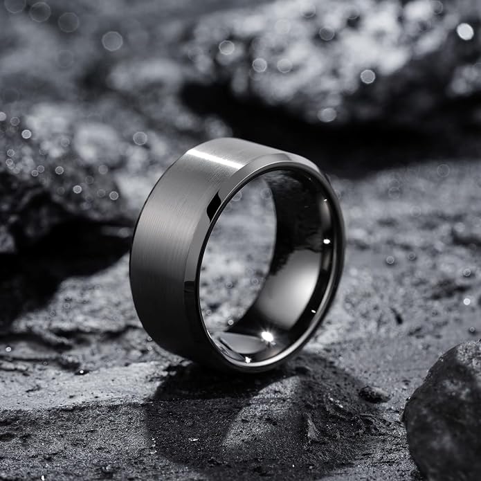 King Will Tungsten Men's Wedding Ring - Available in 6mm to 10mm, Black/Silver, Matte Finish, Beveled Polished Edge, Comfort Fit