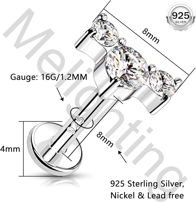 Melighting 16G Curved Helix Earring, Sterling Silver 925 Tragus Conch Stud Internally Threaded, Clear Marquise Round CZ Flat Back Lobe Labret Cartilage Piercing Jewelry for Women 6/8 mm