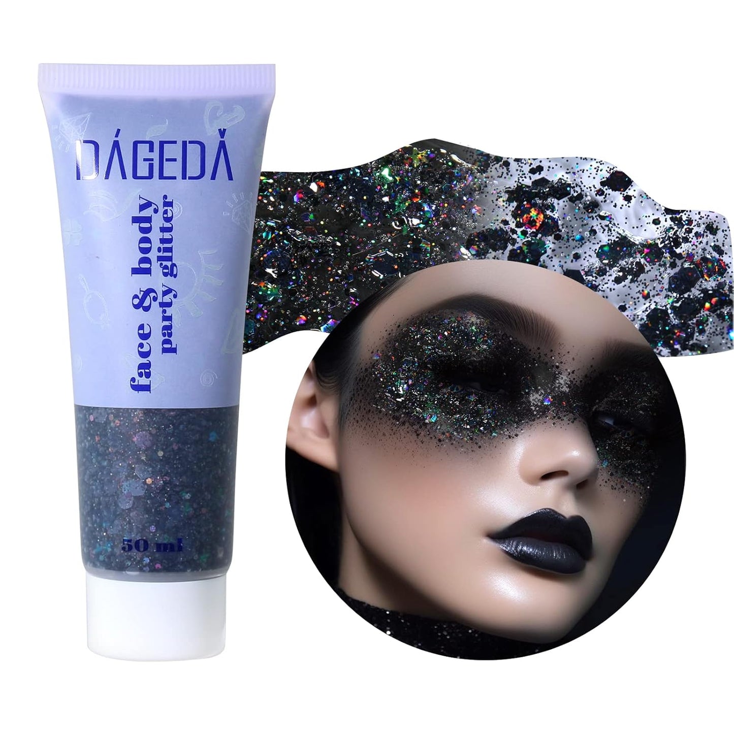 DAGEDA Body Glitter Gel, Face Glitters Body Gel Sequins Shimmer Liquid Eyeshadow, Chunky Glitter for Face Hair Nails, Holographic Cosmetic Laser Powder Festival Glitter Makeup 1.7oz (Black)