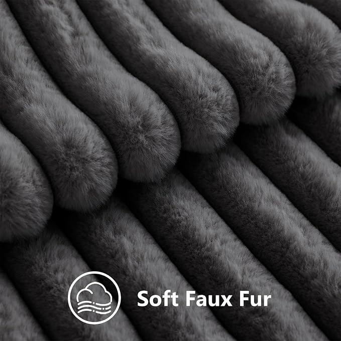 decorUhome Fall Faux Fur Throw Pillow Covers 20x20 Set of 2 Dark Grey | Decorative Soft Cozy Striped Plush Modern Farmhouse Boho Couch Pillow Cases Velvet Back for Sofa Bed Living Room Home Decor