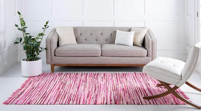 Unique Loom Chindi Cotton Collection Hand Woven Natural Fibers Area Rug_CCH002, 8 ft x 10 ft, Pink/Ivory