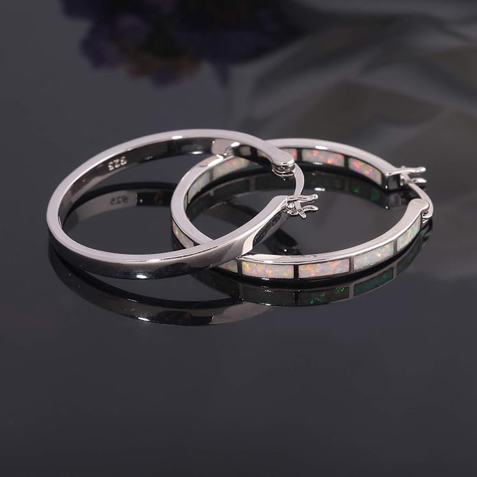 CiNily Opal Hoop Earrings,Women Jewelry Rhodium Plated/Rose Gold or Yellow Gold Plated Gemstone Big Hoop Earrings 32mm