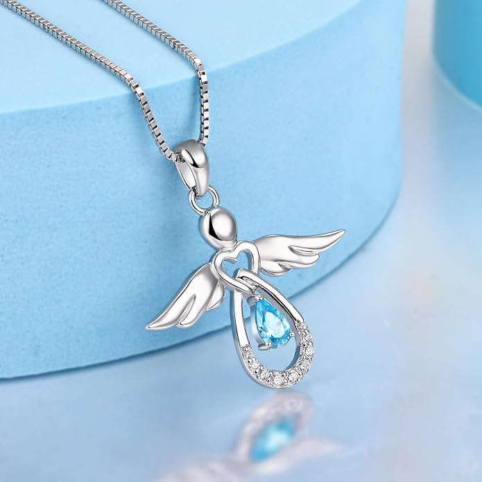 FJ Guardian Angel Necklace 925 Sterling Silver Birthstone Pendant Angel Jewelry Gifts for Women