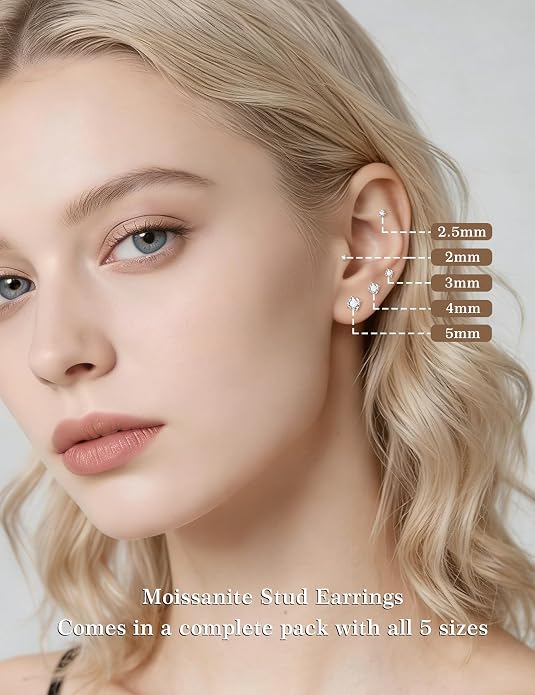 5 Pairs Moissanite Sterling Silver Stud Earrings Set for Women, Hypoallergenic, 2mm, 3mm, 4mm, 5mm