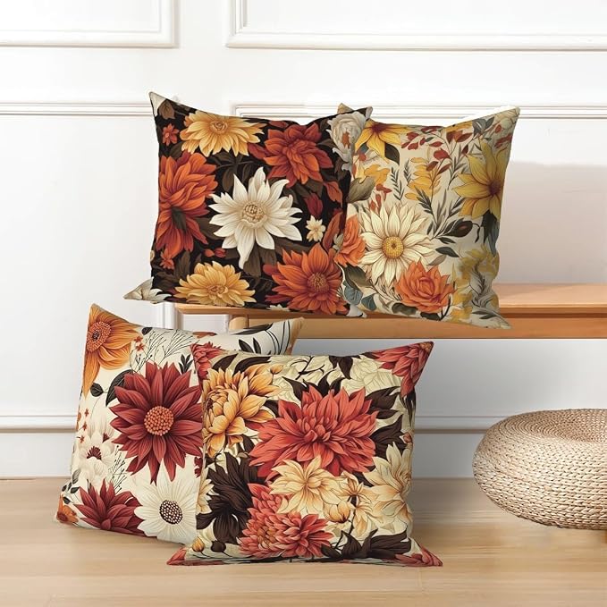 Vintage Floral Throw Pillow Covers 22''x22'' Set of 4, Colorful Flowers Pillow Cases Decorative Printed Cushion Covers for Couch Sofa Bedroom Farmhouse Livingroom Garden Patio Car Outdoor