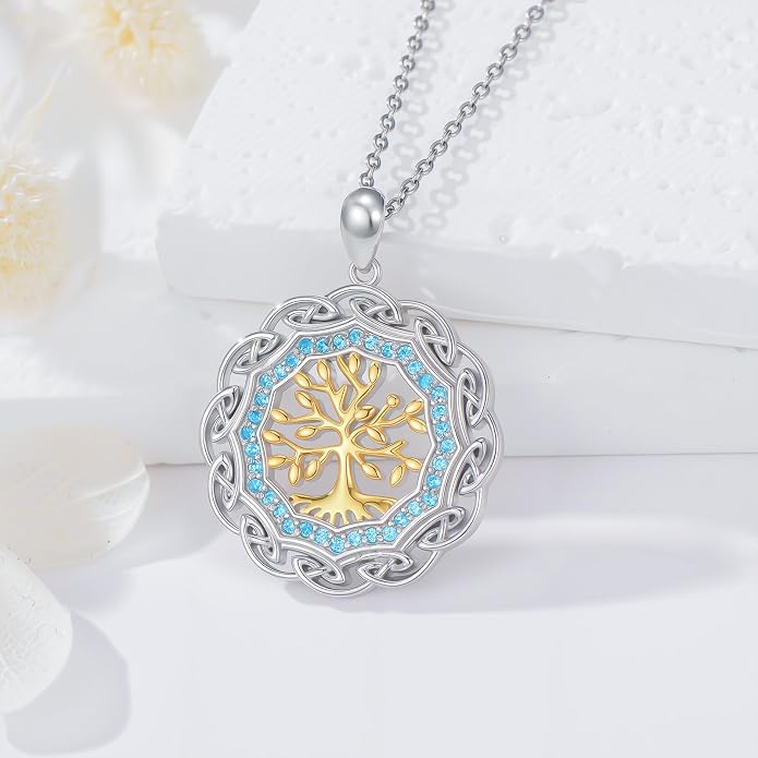 Sterling Silver Birthstone Celtic Tree of Life Necklace, 18K Gold Plated Colored Gemstone Tree of Life Pendant Two-Tone Necklaces Jewelry Birthday Gifts for Women 18" - 20"